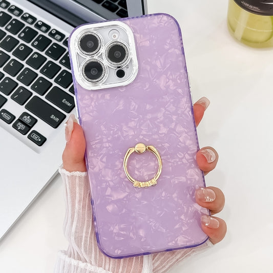 For iPhone 16 Pro Plating Glitter Texture Ring Holder TPU Phone Case with Lens Film(Purple Shell Pattern) - iPhone 16 Pro Cases by buy2fix | Online Shopping UK | buy2fix