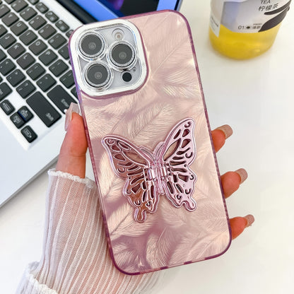 For iPhone 16 Pro Plating Glitter Texture Butterfly Holder TPU Phone Case with Lens Film(Pink Feathers) - iPhone 16 Pro Cases by buy2fix | Online Shopping UK | buy2fix