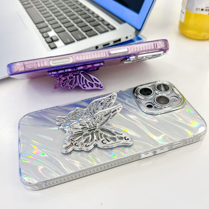 For iPhone 16 Pro Max Plating Glitter Texture Butterfly Holder TPU Phone Case with Lens Film(White Feathers) - iPhone 16 Pro Max Cases by buy2fix | Online Shopping UK | buy2fix