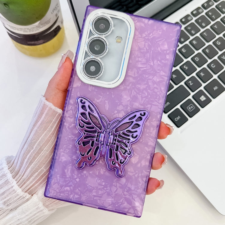 For Samsung Galaxy S25+ 5G Plating Glitter Texture Butterfly Holder TPU Phone Case with Lens Film(Purple Shell Pattern) - Galaxy S25+ 5G Cases by buy2fix | Online Shopping UK | buy2fix