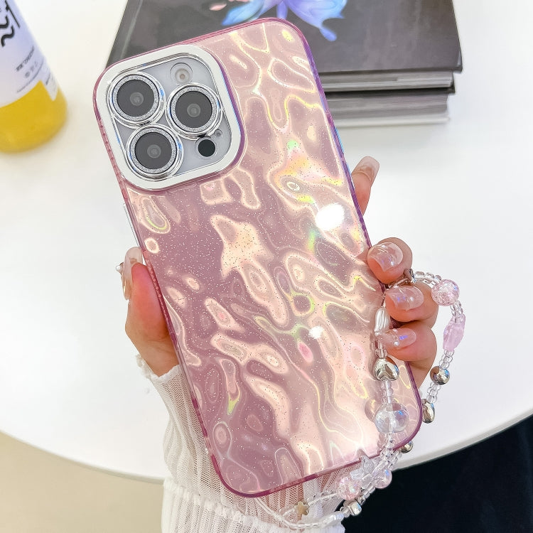 For iPhone 16 Pro Plating Glitter Texture Chain Wristband TPU Phone Case with Lens Film(Pink Wrinkles) - iPhone 16 Pro Cases by buy2fix | Online Shopping UK | buy2fix