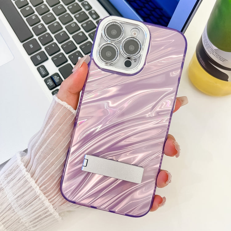 For iPhone 16 Pro Plating Glitter Texture Fold Holder TPU Phone Case with Lens Film(Purple Water Ripples) - iPhone 16 Pro Cases by buy2fix | Online Shopping UK | buy2fix