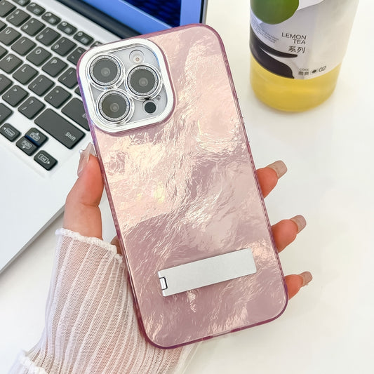 For iPhone 16 Pro Plating Glitter Texture Fold Holder TPU Phone Case with Lens Film(Pink Tinfoil Texture) - iPhone 16 Pro Cases by buy2fix | Online Shopping UK | buy2fix