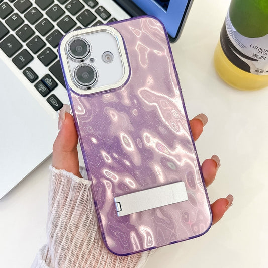 For iPhone 16 Plating Glitter Texture Fold Holder TPU Phone Case with Lens Film(Purple Wrinkles) - iPhone 16 Cases by buy2fix | Online Shopping UK | buy2fix