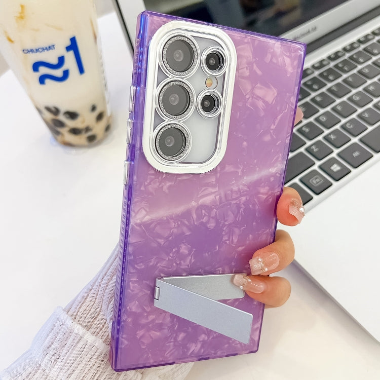 For Samsung Galaxy S25+ 5G Plating Glitter Texture Fold Holder TPU Phone Case with Lens Film(Purple Wrinkles) - Galaxy S25+ 5G Cases by buy2fix | Online Shopping UK | buy2fix