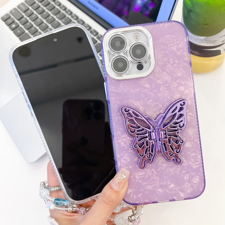 For iPhone 16 Plating Glitter Lens Film Texture Butterfly Holder Wristband Phone Case(Purple Wrinkles) - iPhone 16 Cases by buy2fix | Online Shopping UK | buy2fix