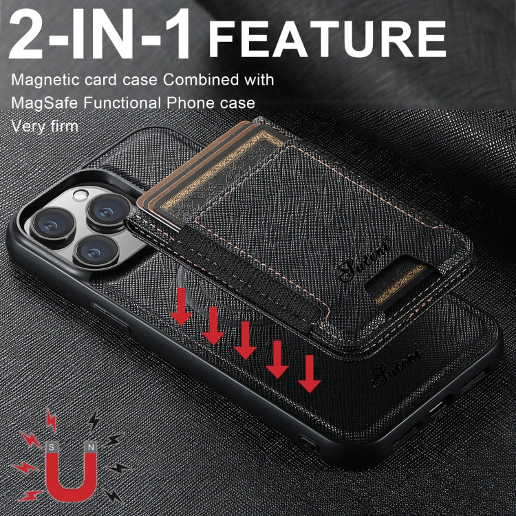 For iPhone 14 Pro Suteni H17 Cross Grain Leather MagSafe Detachable Wallet Phone Case(Black) - iPhone 14 Pro Cases by Suteni | Online Shopping UK | buy2fix