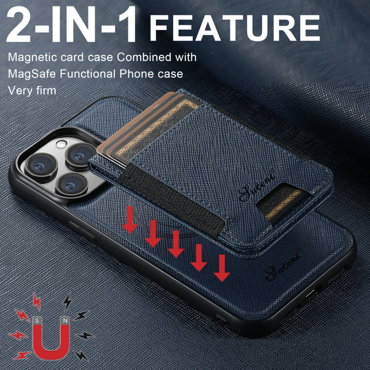 For iPhone 12 Pro Max Suteni H17 Cross Grain Leather MagSafe Detachable Wallet Phone Case(Blue) - iPhone 12 Pro Max Cases by Suteni | Online Shopping UK | buy2fix