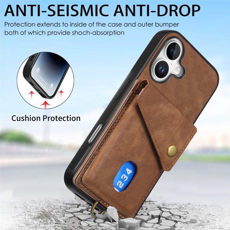 For iPhone 16 Retro Card Wallet Fold Leather Phone Case with Strap(Brown) - iPhone 16 Cases by buy2fix | Online Shopping UK | buy2fix