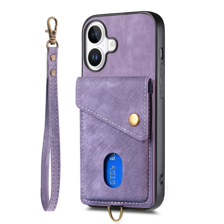 For iPhone 16 Retro Card Wallet Fold Leather Phone Case with Strap(Purple) - iPhone 16 Cases by buy2fix | Online Shopping UK | buy2fix