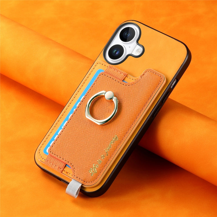 For iPhone 16 Retro Magsafe Cross Leather Ring Holder Card Bag Phone Case(Yellow) - iPhone 16 Cases by buy2fix | Online Shopping UK | buy2fix