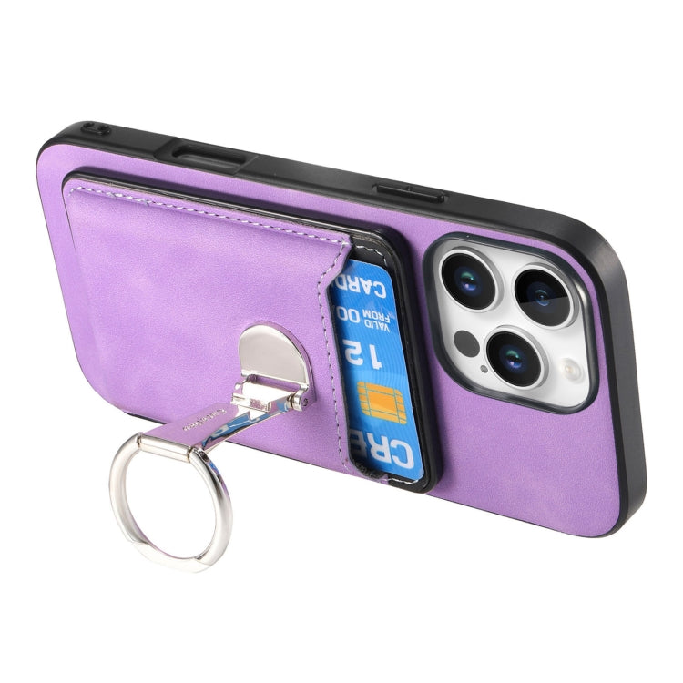 For iPhone 16 Pro Max Retro Folding Ring Holder Card Bag MagSafe Phone Case(Purple) - iPhone 16 Pro Max Cases by buy2fix | Online Shopping UK | buy2fix