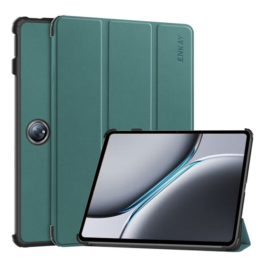 For OnePlus Pad 2 / Pad Pro 12.1 ENKAY Tri-fold Custer Texture Platic Leather Smart Tablet Case(Dark Green) - Others by ENKAY | Online Shopping UK | buy2fix