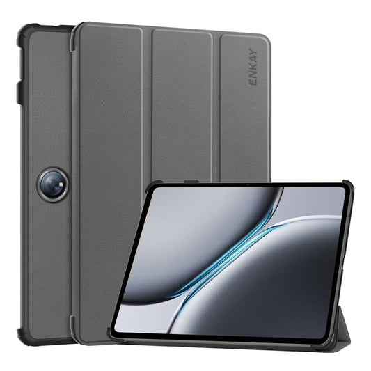 For OnePlus Pad 2 / Pad Pro 12.1 ENKAY Tri-fold Custer Texture Platic Leather Smart Tablet Case(Grey) - Others by ENKAY | Online Shopping UK | buy2fix