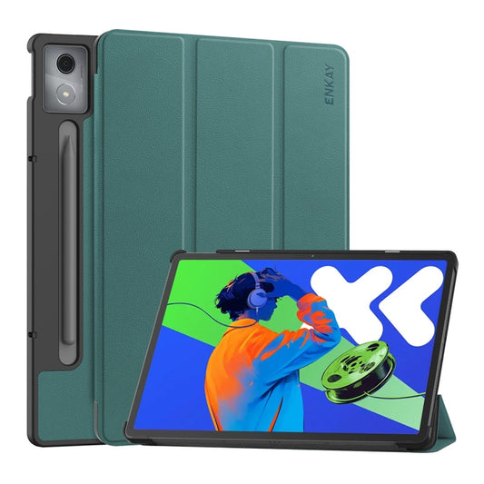 For Lenovo Xiaoxin Pad Pro 12.7 2025 ENKAY Tri-fold Custer Texture Platic Leather Smart Tablet Case(Dark Green) - Lenovo by ENKAY | Online Shopping UK | buy2fix