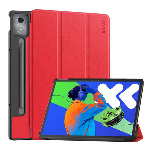 For Lenovo Xiaoxin Pad Pro 12.7 2025 ENKAY Tri-fold Custer Texture Platic Leather Smart Tablet Case(Red) - Lenovo by ENKAY | Online Shopping UK | buy2fix