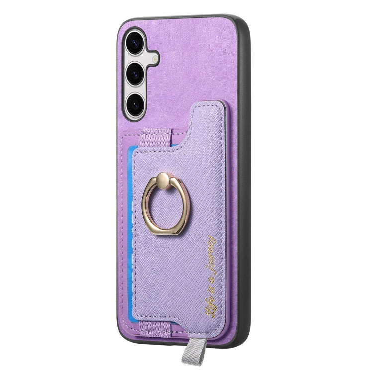 For Samsung Galaxy S25 5G Retro Cross Leather Ring Horizontal Insert Card Bag MagSafe Phone Case(Purple) - Galaxy S25 5G Cases by buy2fix | Online Shopping UK | buy2fix