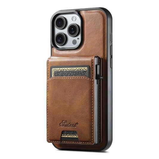 For iPhone 14 Pro Max Suteni H19 Oil Wax 2-in-1 MagSafe Removable Card Box Back Phone Case(Brown) - iPhone 14 Pro Max Cases by Suteni | Online Shopping UK | buy2fix