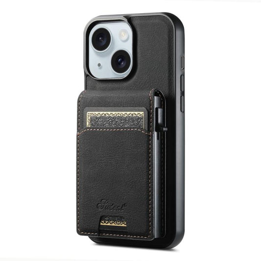 For iPhone 15 Suteni H19 Litchi Grain 2-in-1 MagSafe Removable Card Box Back Phone Case(Black) - iPhone 15 Cases by Suteni | Online Shopping UK | buy2fix