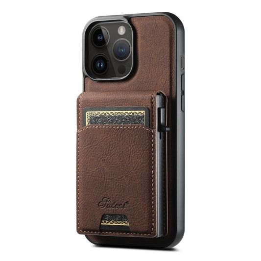 For iPhone 14 Pro Suteni H19 Litchi Grain 2-in-1 MagSafe Removable Card Box Back Phone Case(Brown) - iPhone 14 Pro Cases by Suteni | Online Shopping UK | buy2fix