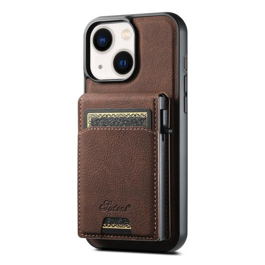 For iPhone 13 Suteni H19 Litchi Grain 2-in-1 MagSafe Removable Card Box Back Phone Case(Brown) - iPhone 13 Cases by Suteni | Online Shopping UK | buy2fix