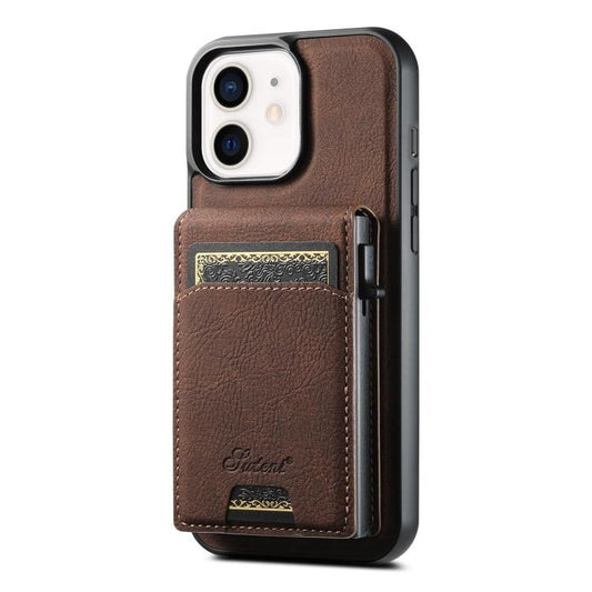 For iPhone 12 Suteni H19 Litchi Grain 2-in-1 MagSafe Removable Card Box Back Phone Case(Brown) - iPhone 12 / 12 Pro Cases by Suteni | Online Shopping UK | buy2fix