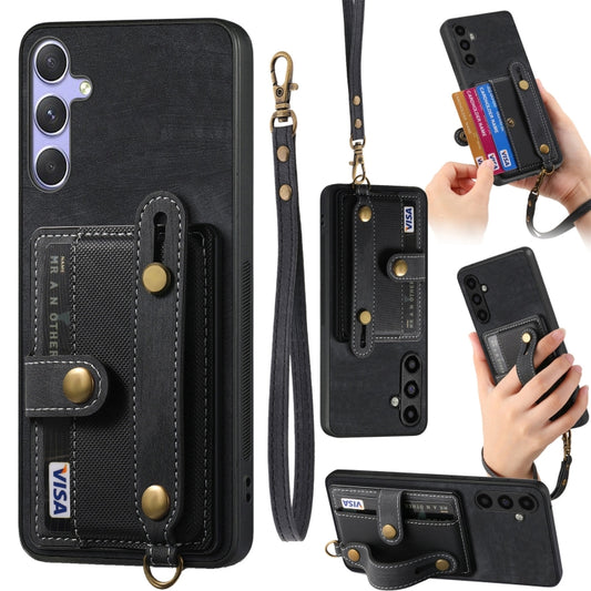 For Samsung Galaxy S25 5G Retro Cross Wristband Wallet Leather Back Phone Case(Black) - Galaxy S25 5G Cases by buy2fix | Online Shopping UK | buy2fix