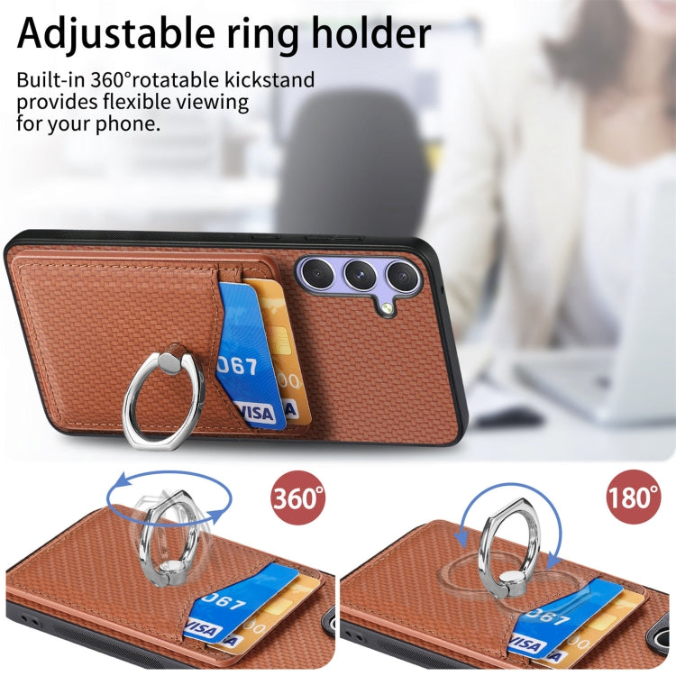 For Samsung Galaxy S25 Ultra 5G Carbon Fiber Card Wallet Ring Phone Case(Brown) - Galaxy S25 Ultra 5G Cases by buy2fix | Online Shopping UK | buy2fix