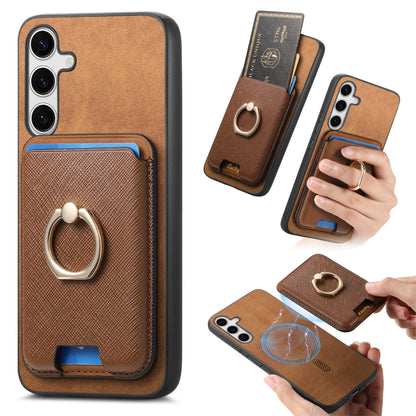 For Samsung Galaxy S25+ 5G Retro Cross Leather Ring Vertical Insert Card Bag MagSafe Phone Case(Brown) - Galaxy S25+ 5G Cases by buy2fix | Online Shopping UK | buy2fix