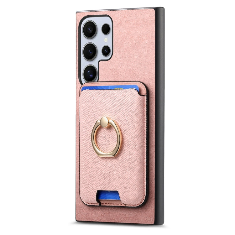 For Samsung Galaxy S25 Ultra 5G Retro Cross Leather Ring Vertical Insert Card Bag MagSafe Phone Case(Pink) - Galaxy S25 Ultra 5G Cases by buy2fix | Online Shopping UK | buy2fix