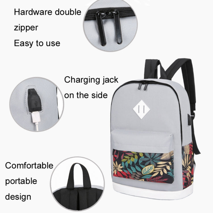 3 in 1 College Style Casual Backpack Student USB Charging Backpack(Leaves Black) - Double-shoulder Bags by buy2fix | Online Shopping UK | buy2fix