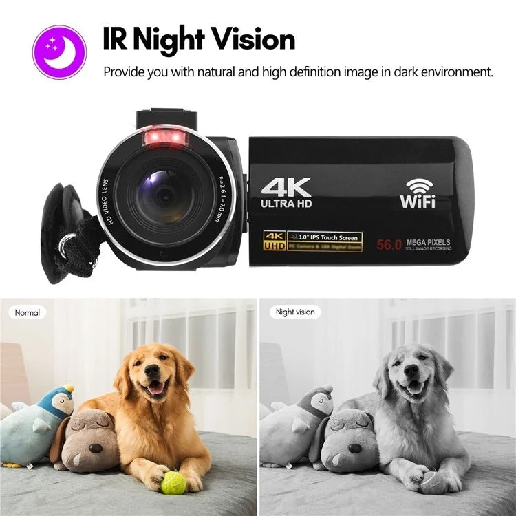 4K  Digital Video Camera 3 Inch IPS Touch Screen 56MP 18X Digital Zoom WiFi Camcorder, Spec: Standard - Video Cameras by buy2fix | Online Shopping UK | buy2fix