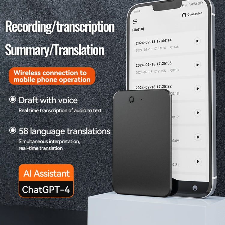 64GB AI Voice Recorder App Control Supports 58 Languages Simultaneous Interpretation / Transcribe & Summarize(Black) - Other Style by buy2fix | Online Shopping UK | buy2fix