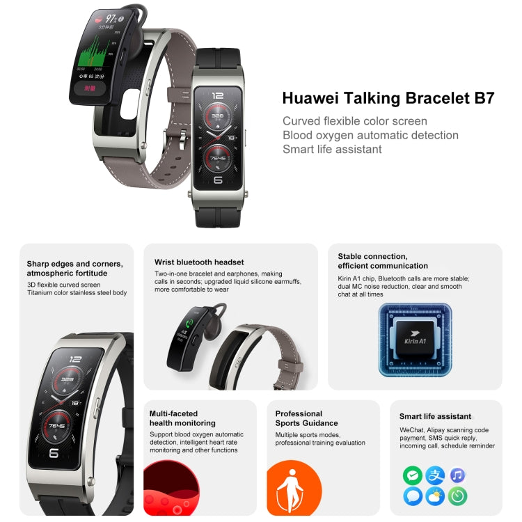 Original Huawei TalkBand B7 Smart Bracelet, 1.53 inch Screen, Support Bluetooth Call / Heart Rate / Blood Oxygen / Sleep Monitoring (Grey) - Wearable Devices by Huawei | Online Shopping UK | buy2fix