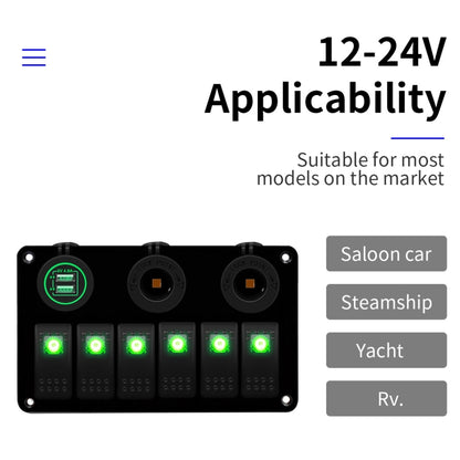 Multi-functional Combination Switch Panel 12V / 24V 6 Way Switches + Dual USB Charger for Car RV Marine Boat (Green Light) - In Car by buy2fix | Online Shopping UK | buy2fix