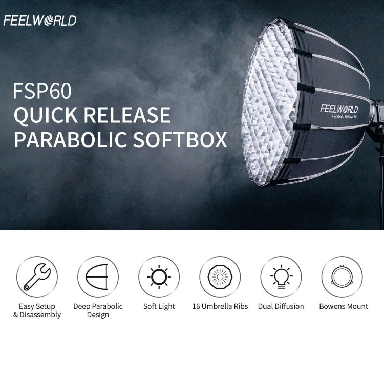 FEELWORLD FSP60 60cm Parabolic Softbox Quick Release Diffuser with Bowens Mount (Black) -  by FEELWORLD | Online Shopping UK | buy2fix