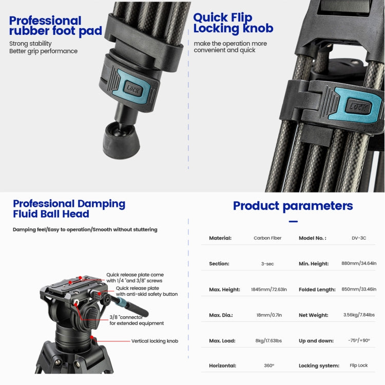 Fotopro DV-3C Heavy Duty Fluid Head Carbon Fiber Video Tripod (Black) - Tripods by Fotopro | Online Shopping UK | buy2fix