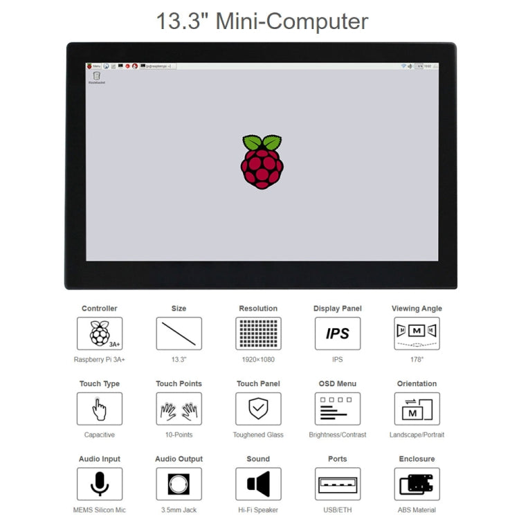 Waveshare 13.3 inch Mini-Computer Powered by Raspberry Pi 3A+, HD Touch Screen(EU Plug) - Consumer Electronics by WAVESHARE | Online Shopping UK | buy2fix