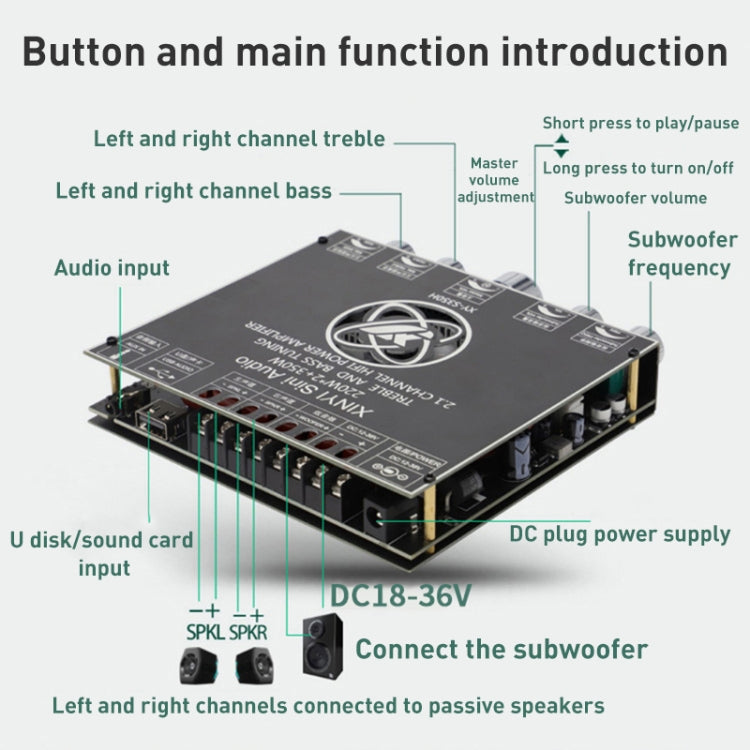 TPA7498e Power Amplifier Board Bluetooth Module Stereo 2.1 Audio Treble and Bass Control Subwoofer - Consumer Electronics by buy2fix | Online Shopping UK | buy2fix