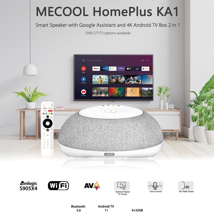 MECOOL KA1 Smart TV Speaker Android 11 TV Box with Remote Control, Amlogic S905X4 Quad Core Cortex-A55, 4GB+32GB, Dual-Band / Bluetooth / Ethernet / DVB-T/T2 / DVB-C(US Plug) - Consumer Electronics by MECOOL | Online Shopping UK | buy2fix