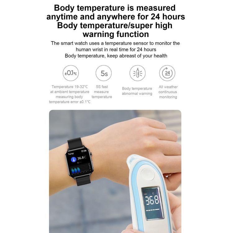 E86 1.7 inch TFT Color Screen IP68 Waterproof Smart Watch, Support Blood Oxygen Monitoring / Body Temperature Monitoring / AI Medical Diagnosis, Style: Leather Strap(Black) - Smart Wear by buy2fix | Online Shopping UK | buy2fix