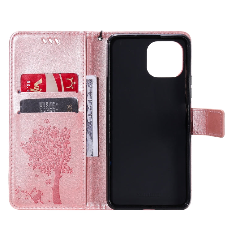 For Xiaomi Mi 11 Lite 5G Tree & Cat Pattern Pressed Printing Horizontal Flip PU Leather Case with Holder & Card Slots & Wallet & Lanyard(Rose Gold) - Xiaomi Cases by Diaobaolee | Online Shopping UK | buy2fix