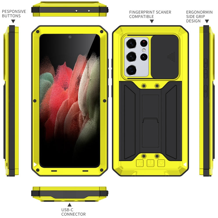 For Samsung Galaxy S21 Ultra 5G R-JUST Sliding Lens Cover Shockproof Dustproof Waterproof Metal + Silicone Case with Invisible Holder(Yellow) - Galaxy S21 Ultra 5G Cases by R-JUST | Online Shopping UK | buy2fix