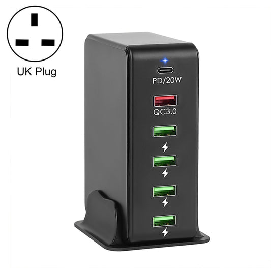 6 in 1 65W PD USB-C / Type-C + QC 3.0 USB + 4 USB Multi-port Travel Charger, UK Plug(Black) - Mobile Accessories by buy2fix | Online Shopping UK | buy2fix