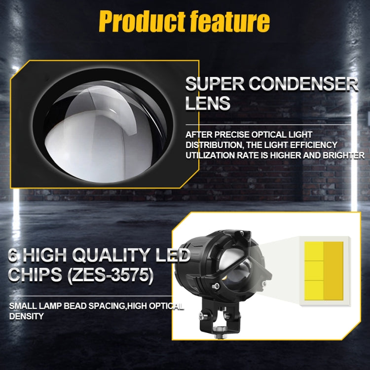 G0025 M3 9-30V 90W 6000K/3000K 9000LM 6 ZES-3575 LEDs White Light+Yellow Light Motorcycle Large Lens Spotlight - In Car by buy2fix | Online Shopping UK | buy2fix