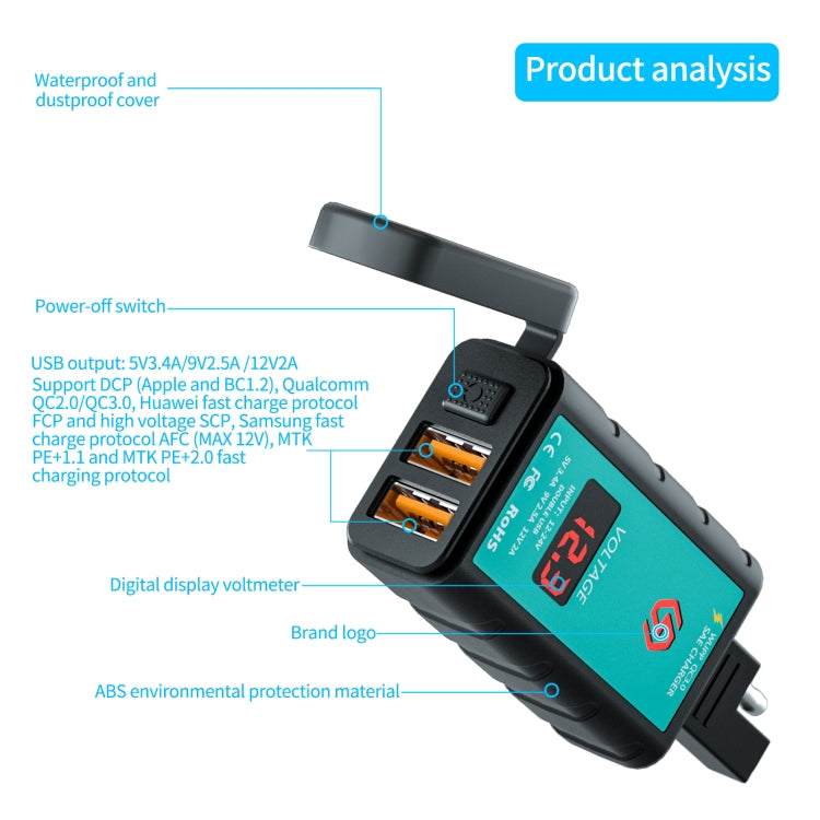 WUPP ZH-1422A2 DC12-24V Motorcycle Square Dual USB Fast Charging Charger with Switch + Voltmeter + Integrated SAE Socket + 1m SAE Socket Cable - Battery Charger by WUPP | Online Shopping UK | buy2fix