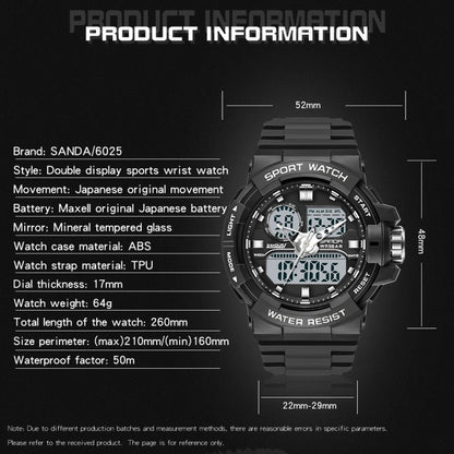 SANDA 6025 Dual Time Digital Display Luminous Calendar Waterproof Multifunctional Men Sports Quartz Watch(All Black) - Sport Watches by SANDA | Online Shopping UK | buy2fix