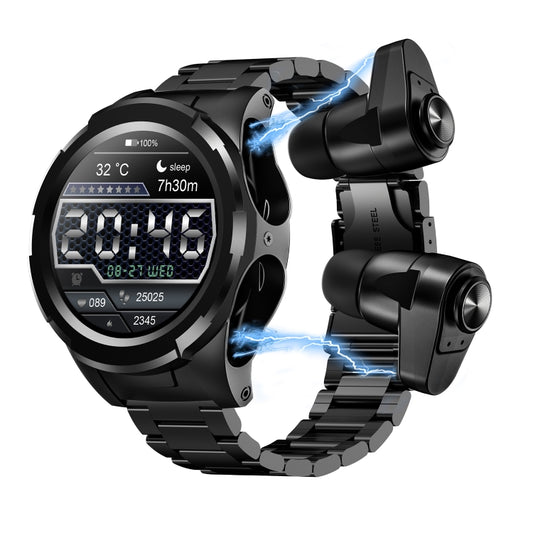 F6 1.28 inch IPS Screen 2 in 1 Bluetooth Earphone Smart Watch, Support Heart Rate & Blood Oxygen Monitoring / Bluetooth Music, Style:Steel Strap(Black) - Smart Wear by buy2fix | Online Shopping UK | buy2fix