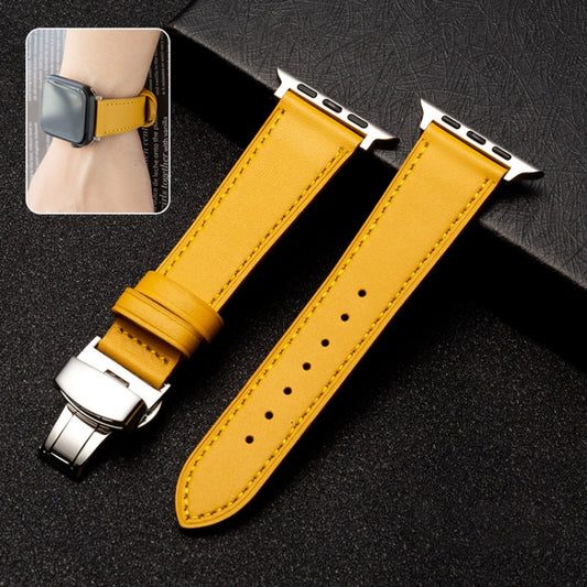 Butterfly Clasp  Top Layer Cowhide Leather Strap Watch Band For Apple Watch Series 8&7 41mm / SE 2&6&SE&5&4 40mm / 3&2&1 38mm(Yellow) - Watch Bands by buy2fix | Online Shopping UK | buy2fix