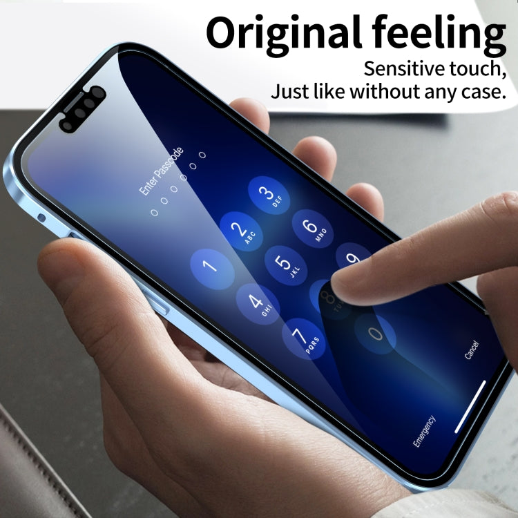 For iPhone 13 HD Magnetic Metal Frame Double-sided Tempered Glass Phone Case(Sierra Blue) - Apple Accessories by buy2fix | Online Shopping UK | buy2fix